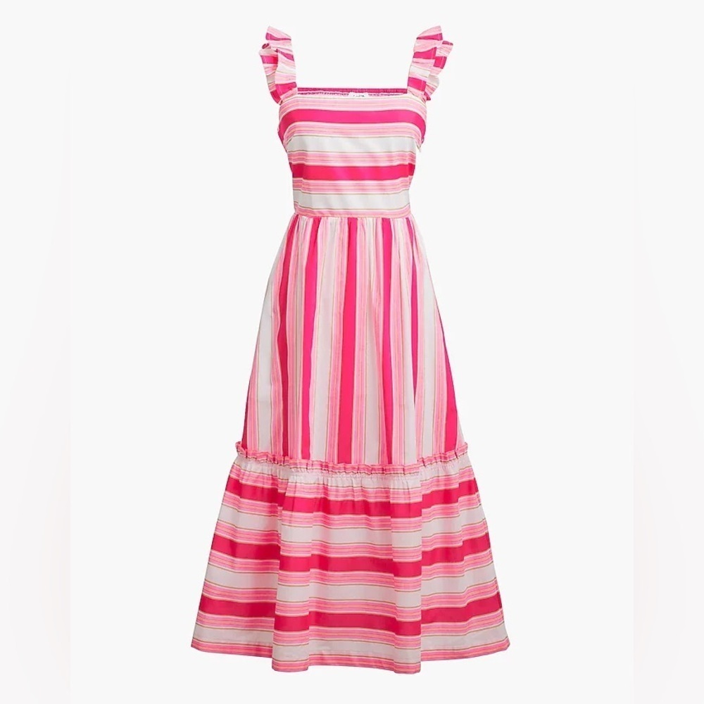 J. Crew maxi dress stripes pockets ruffles tiered flowy summer midi red jcrew